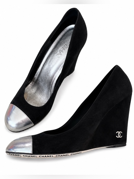 CHANEL Shoes - CHANEL Black and Silver Wedges